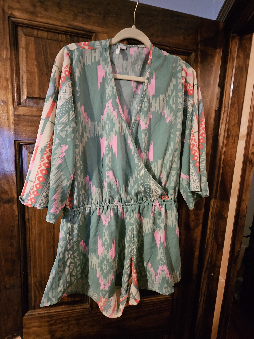 Elan Green Romper with Pink & Coral Aztec Print